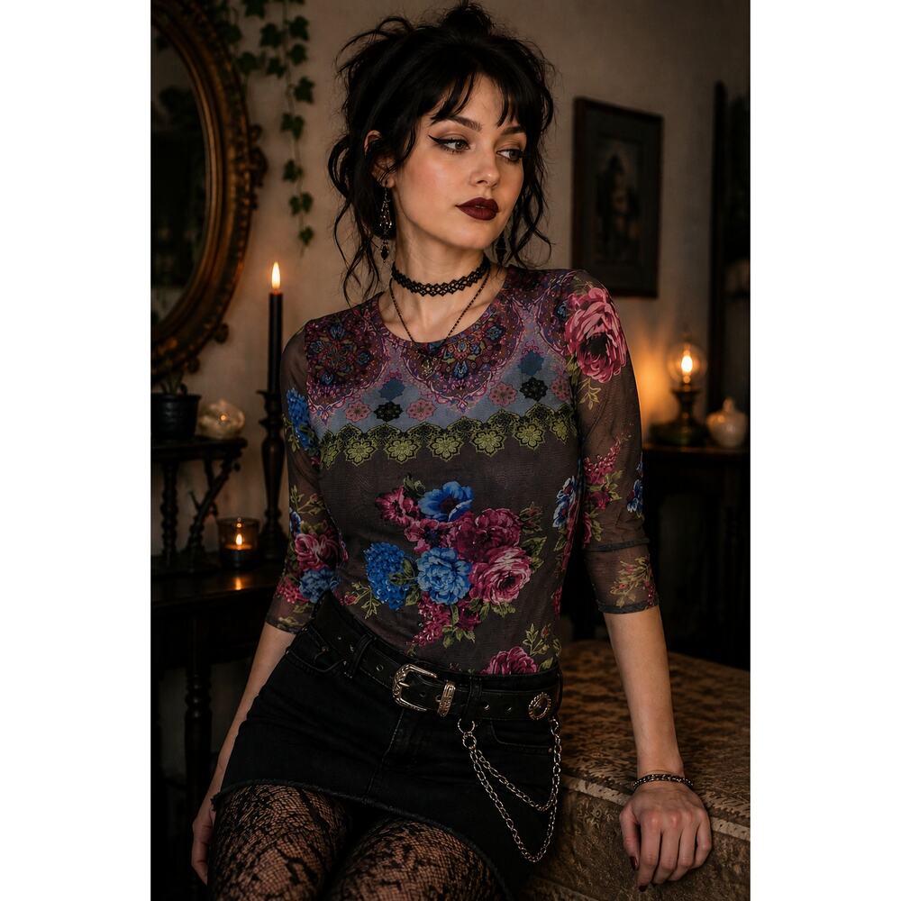 Petit Pois Viviana Long Lined Mesh Floral Top Whimsigoth Sheer Size M 3/4 Sleeve